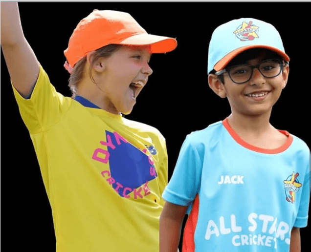 Children wearing Dynamos yellow and All Stars blue cricket kits