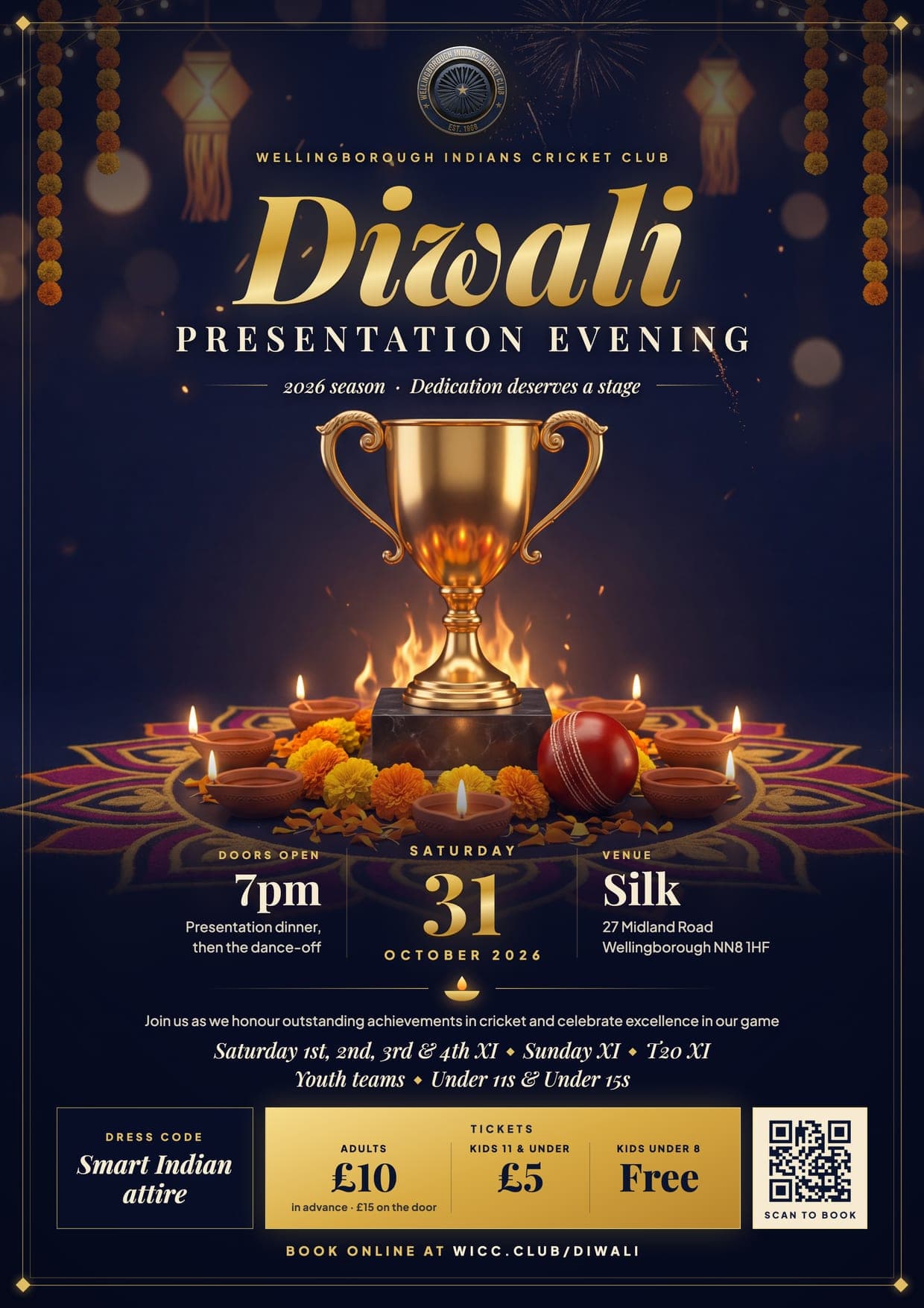 Diwali Presentation Evening poster: a gold cricket trophy surrounded by lit diyas, marigolds and a rangoli, with event details for Saturday 31st October 2026 at Silk, Wellingborough.